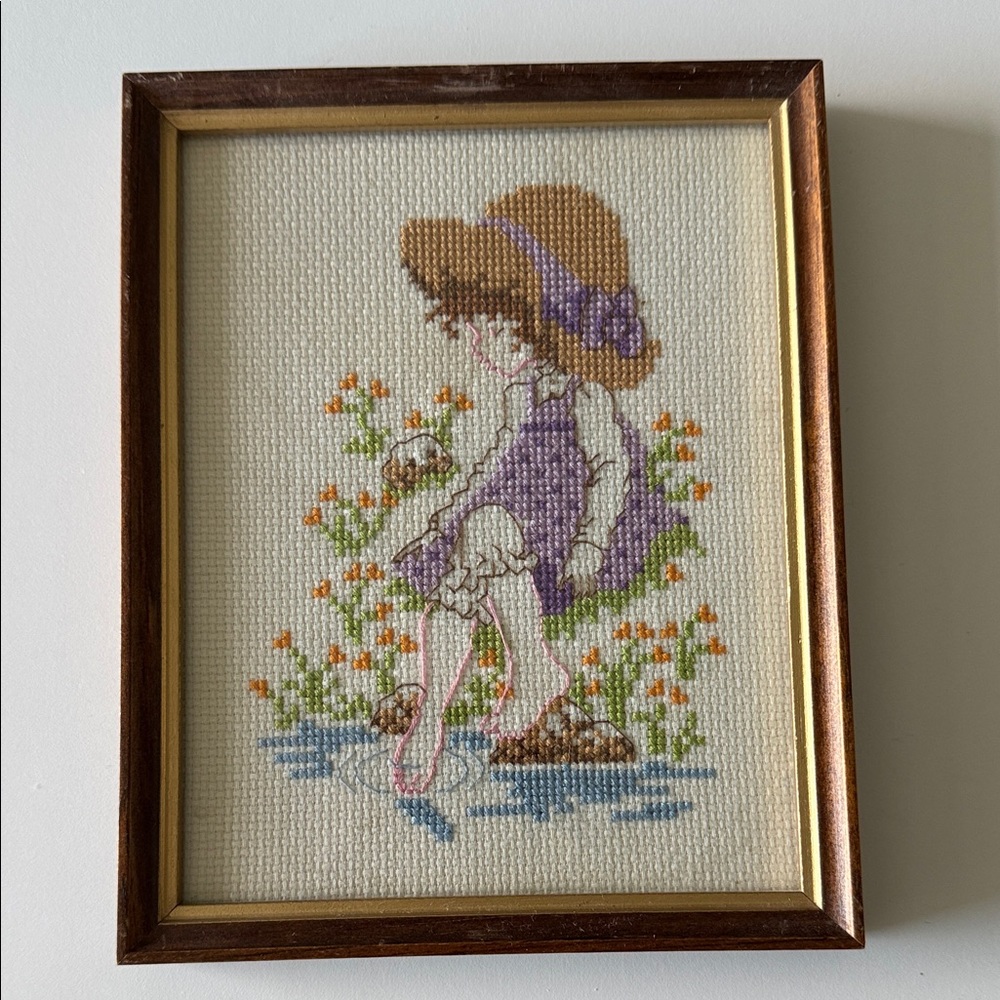 Framed Cross-Stitch Art with Girl in Purple Dress